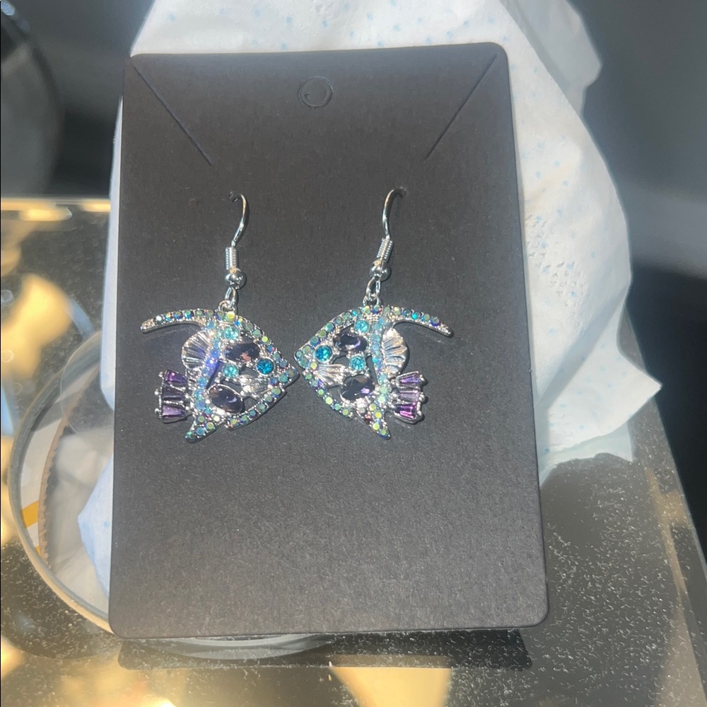 Sparkly silver tone Fish-Shaped Earrings with Blue and Purple Accents - Picture 2 of 3